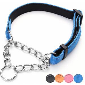 Martingale Dog Collars Adjustable Soft Nylon Reflective Collars with Stainless Steel Chain Walking Training Collars Heavy-Duty Puppy Chain Collars for Small,Medium,Large Dogs(Blue,L)
