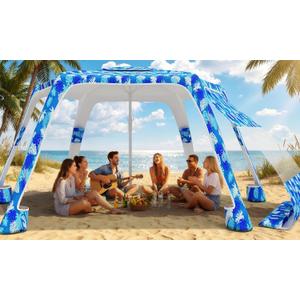 Beach Cabana with 6-Corner, 8'8' UPF50+ Beach Canopy, Adjustable Height Beach Tent Sun Shelter, Cool Cabana Beach Tent with Removable Side Wall, Beach Shade for Beach, Garden, Camping (Leaf Print)