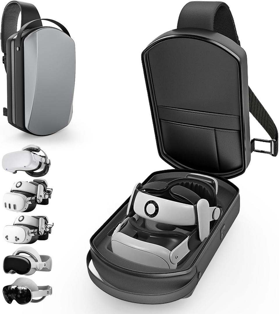 Carrying Case Sling Bag Compatible with Meta Quest 2,3,3S/Vision Pro & 2/Elite Strap/BOBOVR S3 PRO/Kiwi design Battery & ALL SIZE VR Headset Controller Accessories, Crossbody Shoulder Backpack (Grey)
