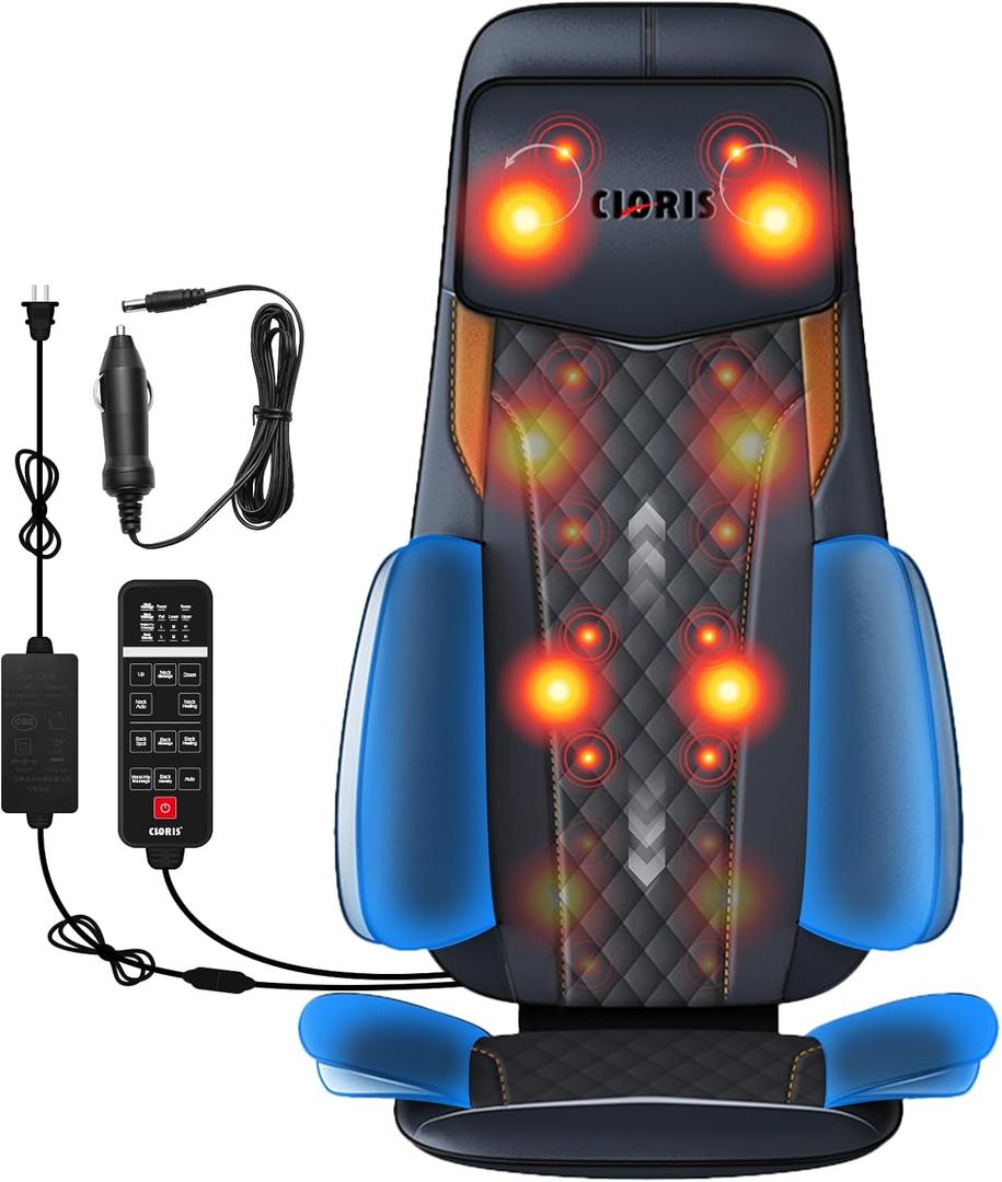 CLORIS Neck Back Massager with Heat, Automatic Adjustable Neckrest, 3D Shiatsu Compress & Rolling Massage Chair Pad for Full Body Relaxation, Home Office Chair Use, Gift for Family & Friends Blue, Medium