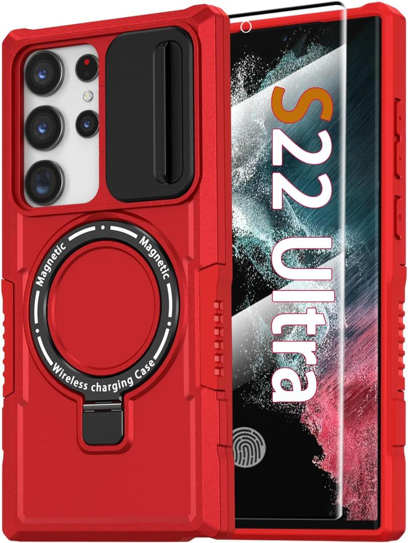 for Samsung Galaxy S22 Ultra Case with Magnetic Ring Stand+Glass Screen Protector [Compatible with MagSafe] Military Grade Cases with Camera Cover, Shockproof Cover for Samsung S22 Ultra, Red