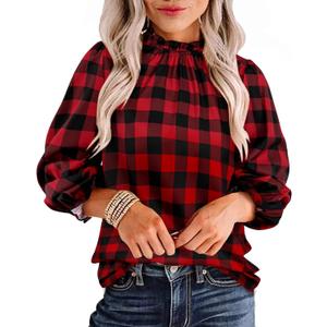 Avanova Women Buffalo Plaid Shirts Blouses Dressy Casual Business Work 3/4 Sleeve Length Tops Red Black X-Large (Red, XL)