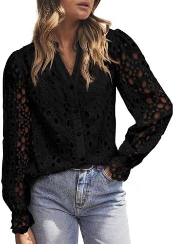 MASCOMODA Womens Tops Dressy Casual Fall Puff Long Sleeve Eyelet Button Shirts V Neck Lace Embroidered Hollow Out Work Blouse, Size XL