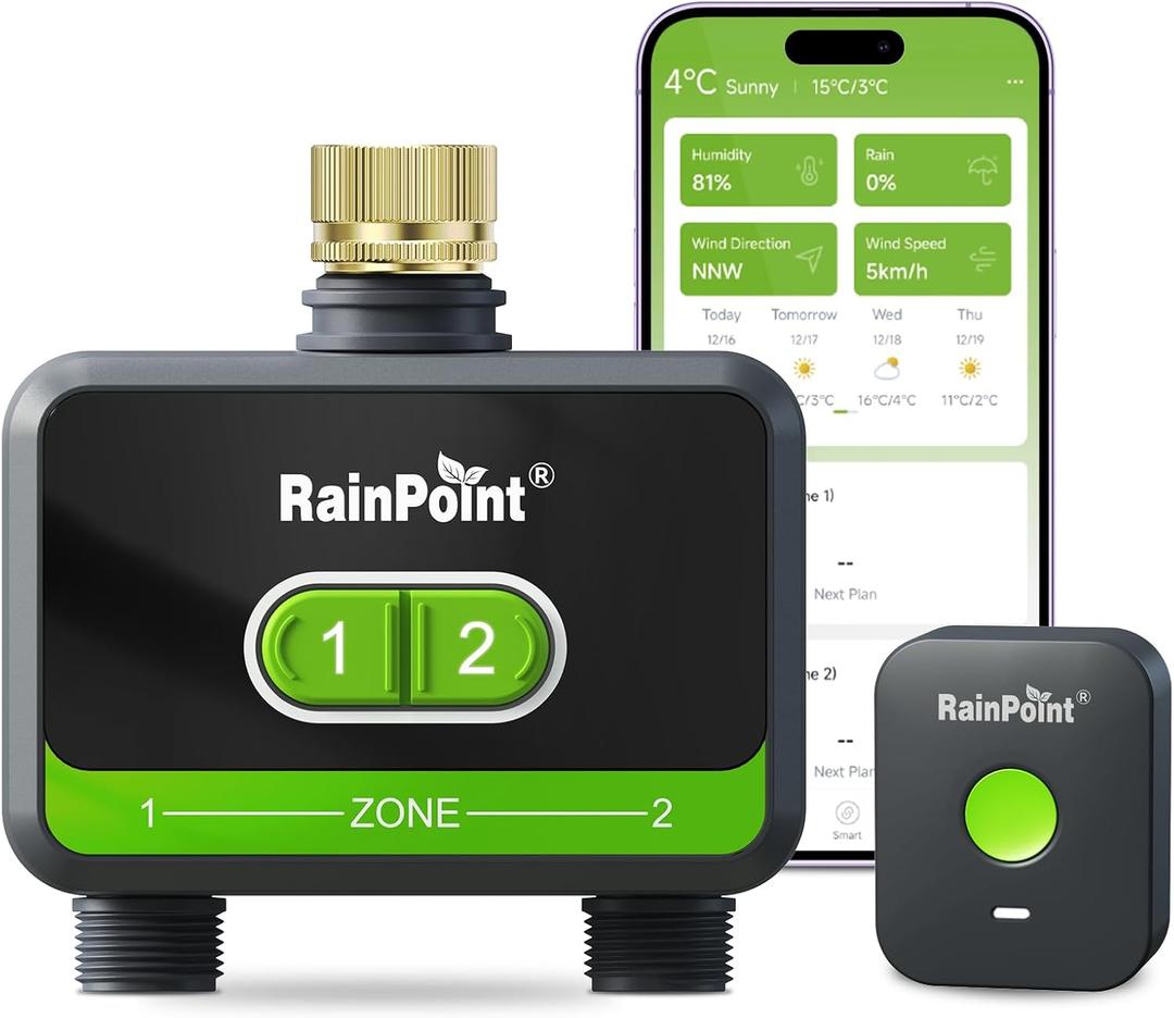 RainPoint WiFi Water Timer for Garden Hose with Brass Inlet, 2-Zone Smart Hose Timer, WiFi Irrigation Controller, Automatic Sprinkler Watering System for Lawns and Yard (Green)