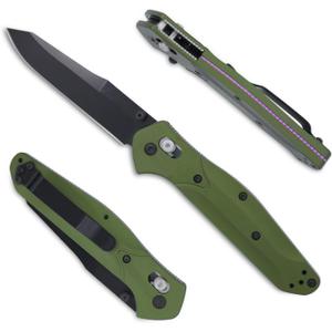 940 Axis Lock Knife with Reversible Pocket Clip, 3.2" Reverse Tanto Blade, Green Aluminum Alloy Handle With Thumb Stud Open for Outdoor, Camping, EDC
