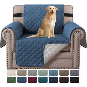 H.VERSAILTEX Water Resistant Chair Cover Reversible Chair Cover Protector for Dogs Washable Chair Slipcover with Non Slip Elastic Strap Living Room Furniture Cover(Armchair, Dark Blue/Beige)