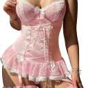 Mixxmix Lingerie Sets for Women Sexy Rave Outfits Lace Up Corset Bodysuit with Garter 2 Piece (Large, Pink)