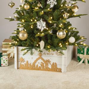 Glitzhome Wooden Tree Collar, Christmas Tree Base Cover, Christmas Tree Collars for Artificial Trees, 24" L Wooden Nativity Scene Xmas Tree Collar for Christmas Decoration