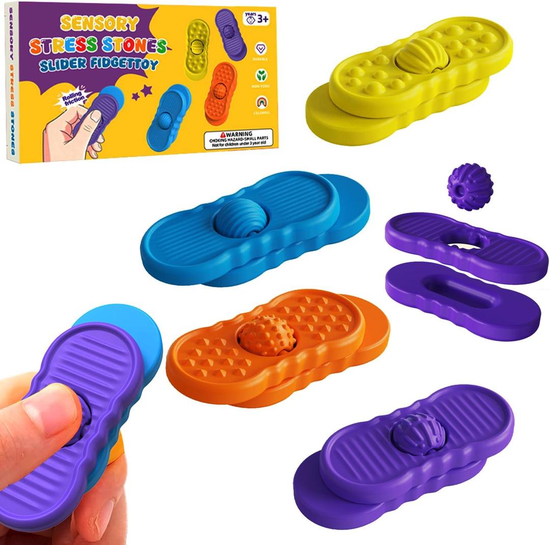 4 x Fidget Sensory Toys for Kids, 4 Pack Silicone Marble Stress Silent Fidgets Slider for Classroom, Autism Anxiety Relief Small Fidget Toys Office Desk / Travel Road Trip Activities for Kids Gifts