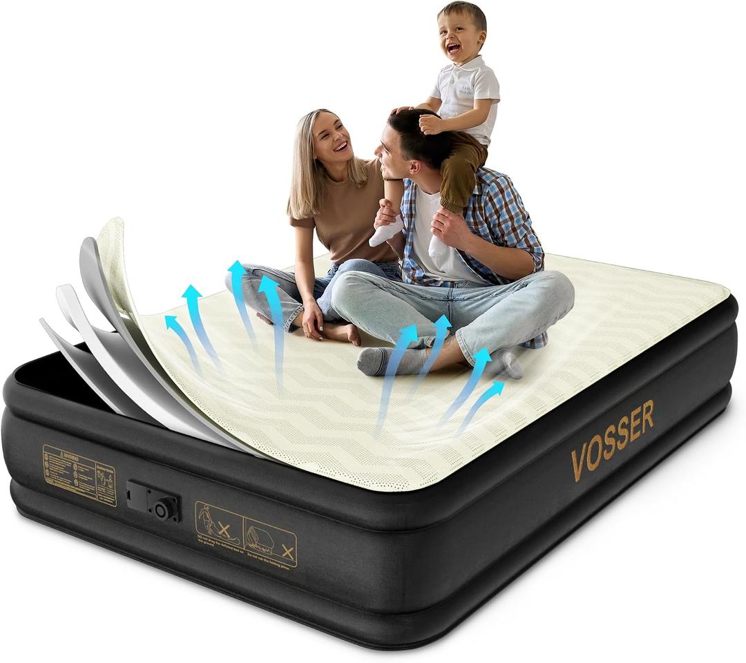 VOSSER Air Mattress Queen with Built in Pump,Foam Topper Blow up Mattress, Queen 15 inch