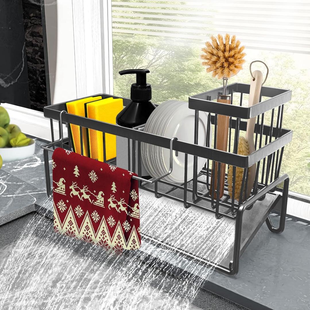 Sponge Holder for Kitchen Sink CaddySink Caddy Organizer with High Brush Holder Adjustable Divider, Tilted Drain Pan, Multifunctional for Home Decor Accessories (Grey)