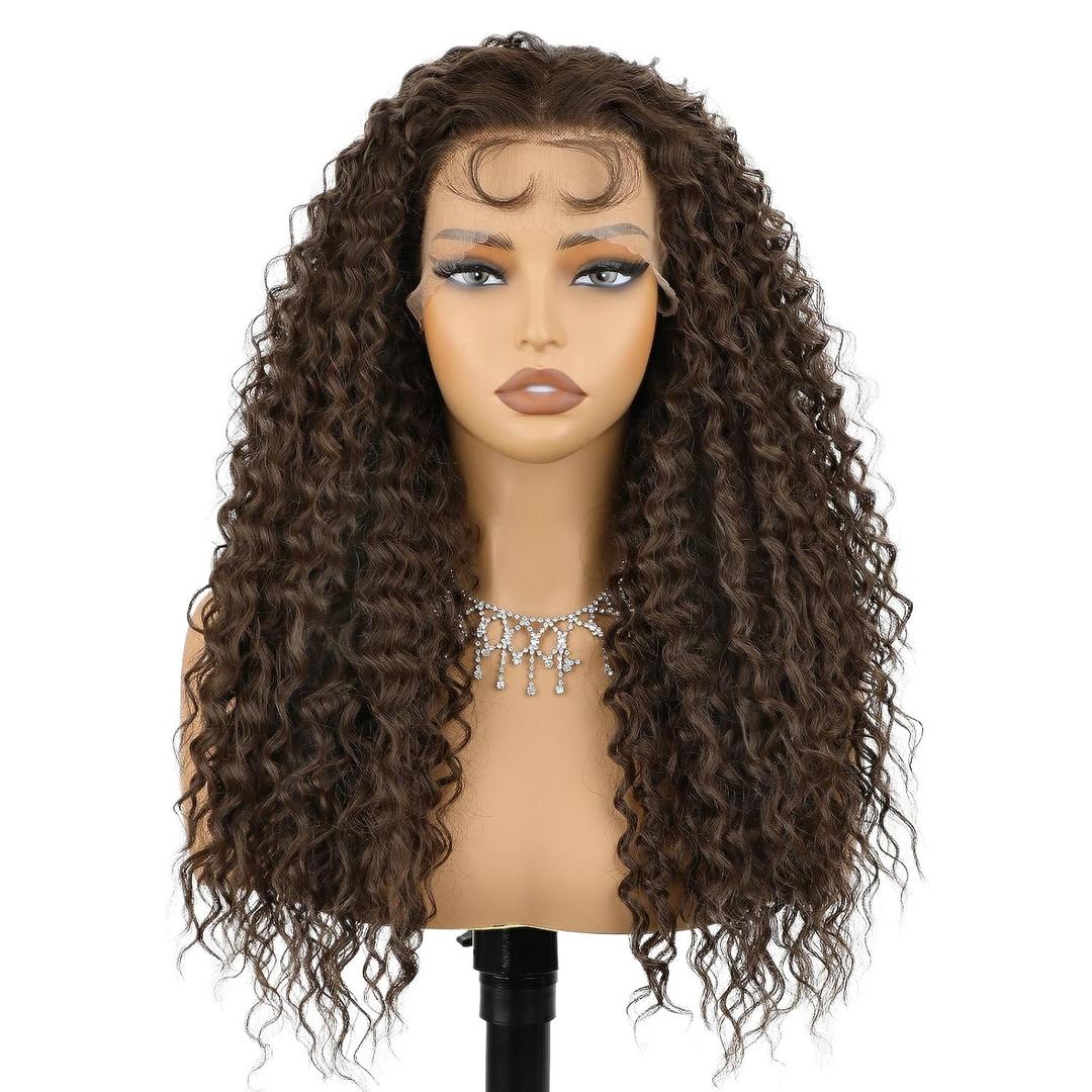 Forfeels 134 Dark Brown Lace Front Wig Long Curly Brown Wig with Baby Hair Synthetic Lace Front Wigs for Women Daily Party Use 24 Inch
