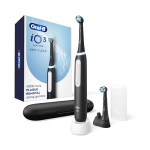 OralB iO Deep Clean Rechargeable Electric Toothbrush, Black, iO Series 3 Limited, 2 Brush Heads, Travel Case, Pressure Sensor, 3 Cleaning Settings