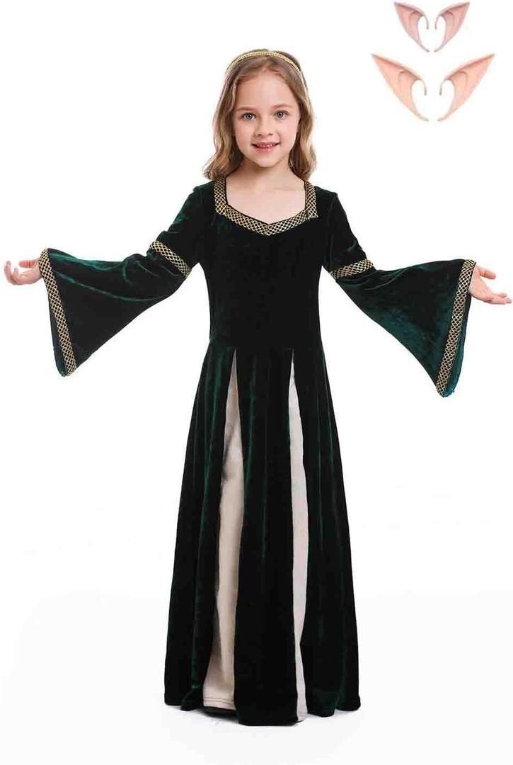 Girls Ren Faire Dress Elf Ears Kids Medieval Renaissance Costumes Victorian Halloween Outfits Over 3 Years (X-Large, Green)