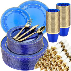 350PCS Clear Blue Plastic Plates for 50 Guests, Disposable Dinnerware Set for Party and Graduation, Includes 100 Plastic Plates, 50 Pre Rolled Napkins with Gold Silverware, 50 Cups