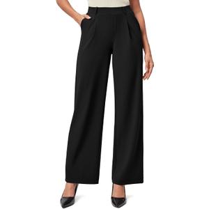 IUGA Womens Dress Pants Wide Leg Pull On Stretchy Work Pants Women High Waisted Business Casual Trousers with Pockets (Large, Black- Regular)