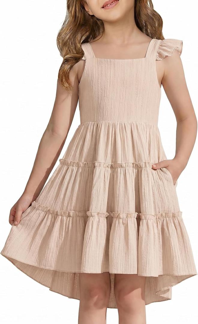 Arshiner Toddler Girls Beige Dress Ruffle Sleeveless High-Low Hem Smocked Dresses Summer Beach Butterfly Sundress 5t 12-13 Y