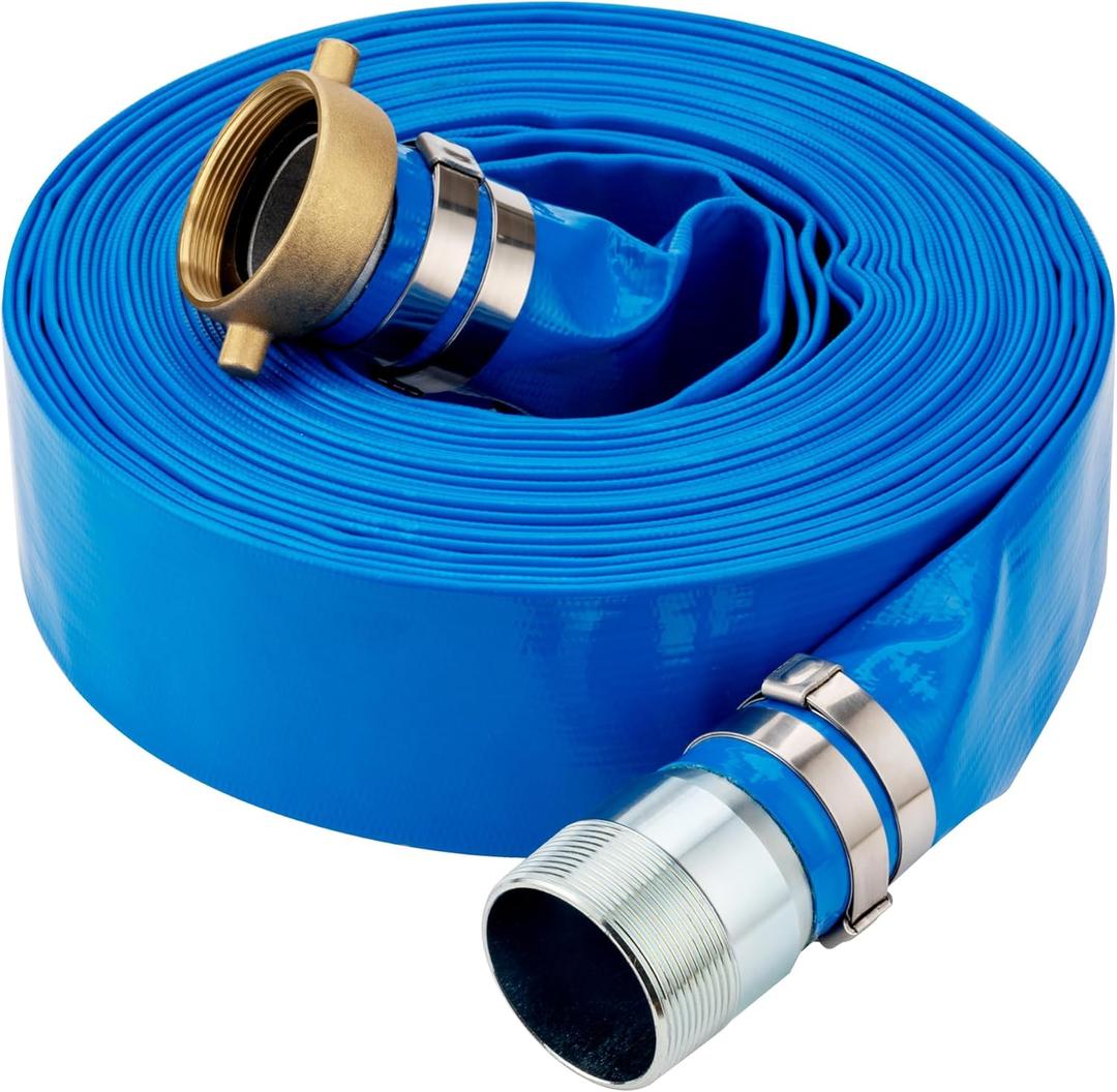 DAVCO 3" ID x 50 ft Pool Backwash Hose, Heavy Duty Reinforced Blue PVC Lay Flat Water Discharge Pump Hoses For Swimming Drain Pools and Clean Filters, with Brass NPT Pin Lug and KC Nipple Fittings