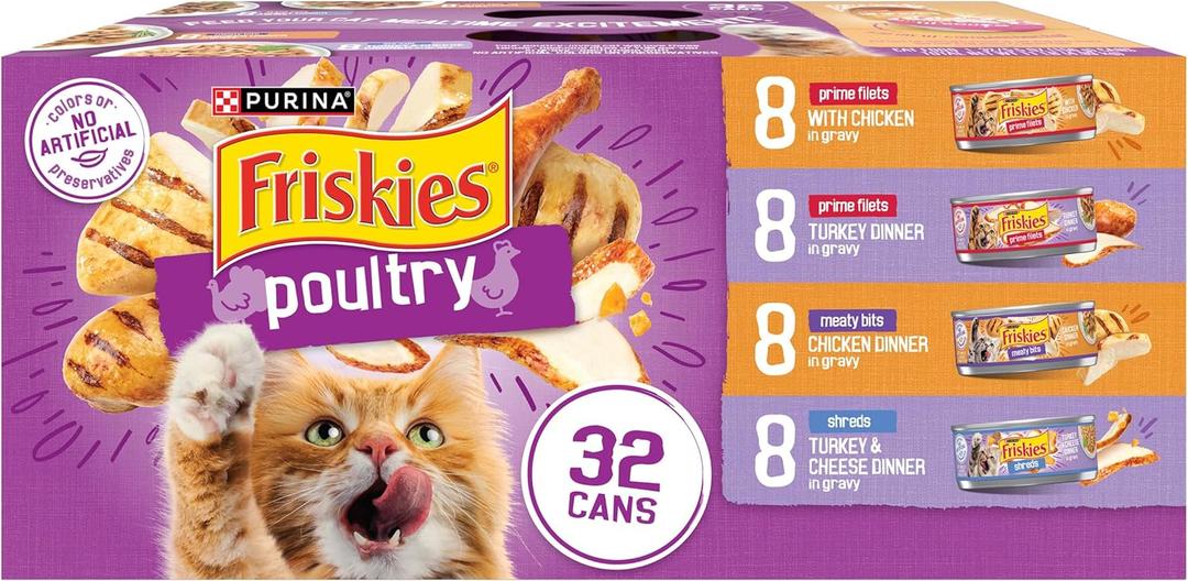 Purina Friskies Gravy Wet Cat Food Variety Pack, Poultry Shreds, Meaty Bits and Prime Filets - (Pack of 32) 5.5 oz. Cans (EXP 07/31/27)
