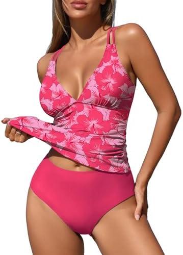 ZAFUL Womens Tankini Swimsuits V Neck Push Up Swim Top Color Block Tummy Control High Waisted Bathing Suits Swim Bottom XL