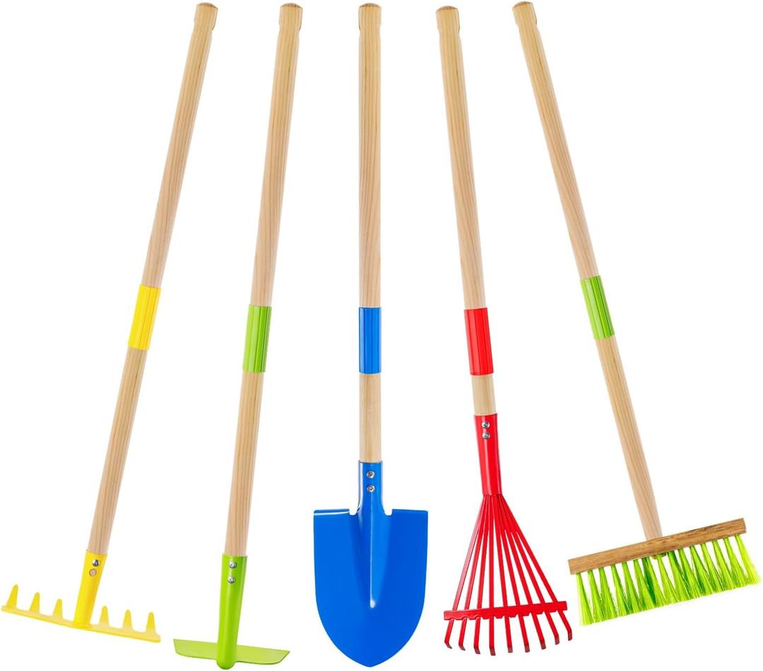 Theefun Kids Garden Tool Set: Safe Toddler Size Hoe, Rake, Shovel, Leaf Rake, Broom 5-Piece Kids Gardening Tools with Wooden Handle and Metal Head for Child Christmas Outdoor Toys Gift for Boys Girls Theefun Kids Garden Tool Set: Safe Toddler Size Hoe, Rake, Shovel, Leaf Rake, Broom 5-Piece Kids Gardening Tools with Wooden Handle and Metal Head for Child Christmas Outdoor Toys Gift for Boys Girls