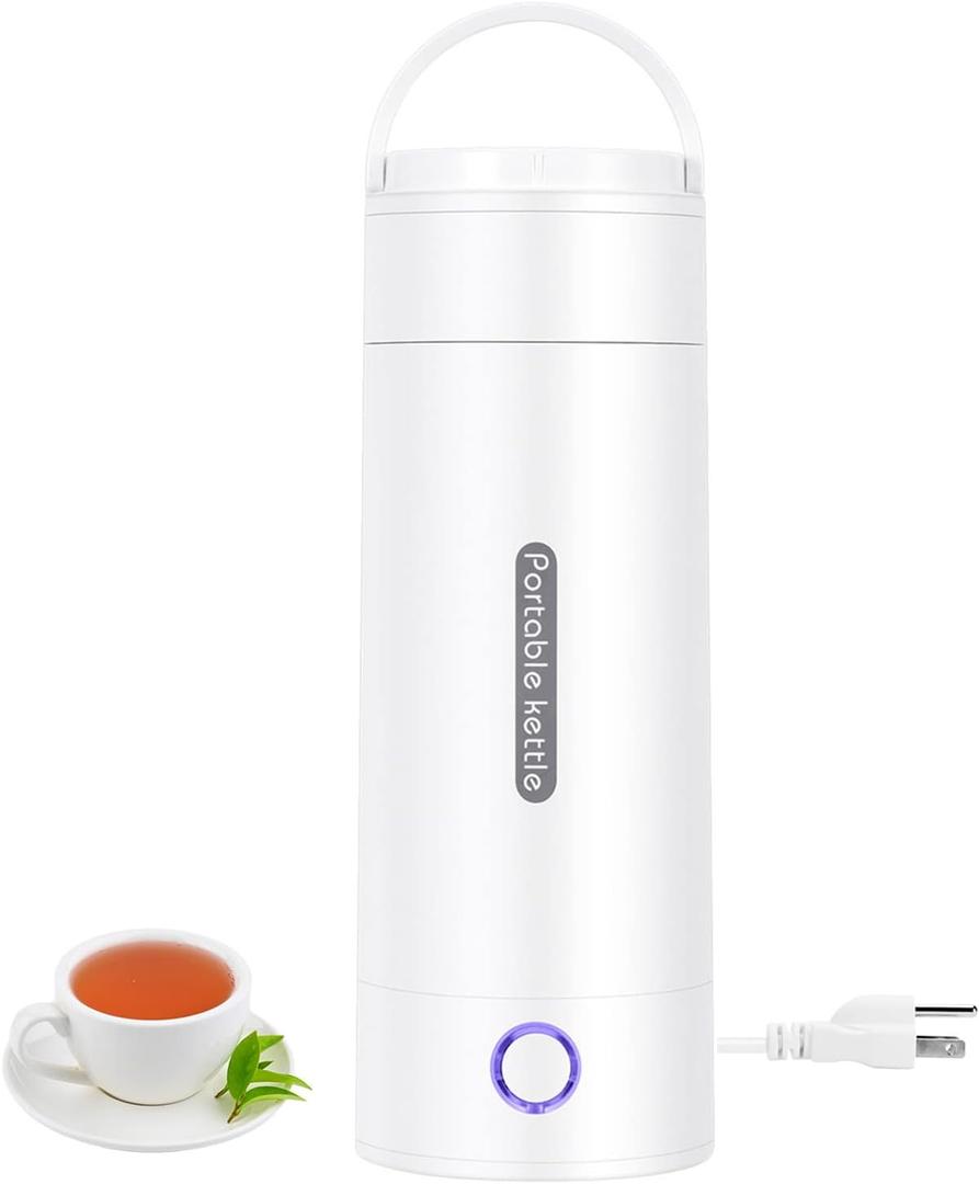 Portable Travel Electric Kettle, 350ml Small Electric Tea Kettle, Mini Hot Water Boiler 304 Stainless Steel Automatic Shut off and Dry Protection (White)