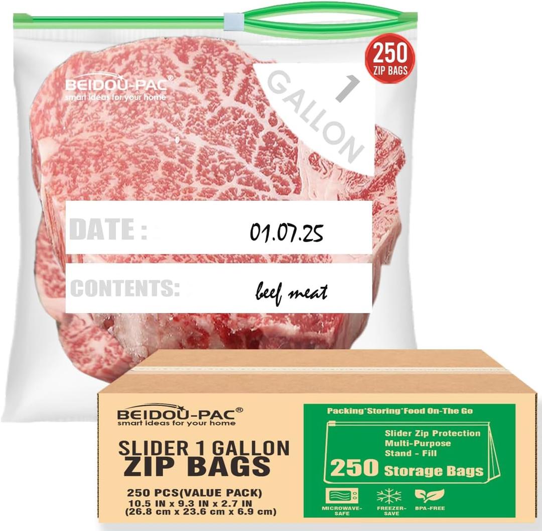 Slider Gallon Food Storage Freezer Bags with Stand-Up Bottom, 250 Count | 2 Mil |10.5 IN X 9.3 IN X 2.7 IN, Freshness Easy Open Reclosable Clear Plastic Bags (Slider-gallon-250count)