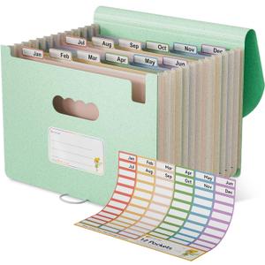 EcoStash Accordion File Organizer, 12-Pocket Wheat Straw Expanding File Folder, Portable Monthly Bill & Tax Receipt Organizer, Letter/A4 Size Document Holder with Colorful Tabs-Mint Green