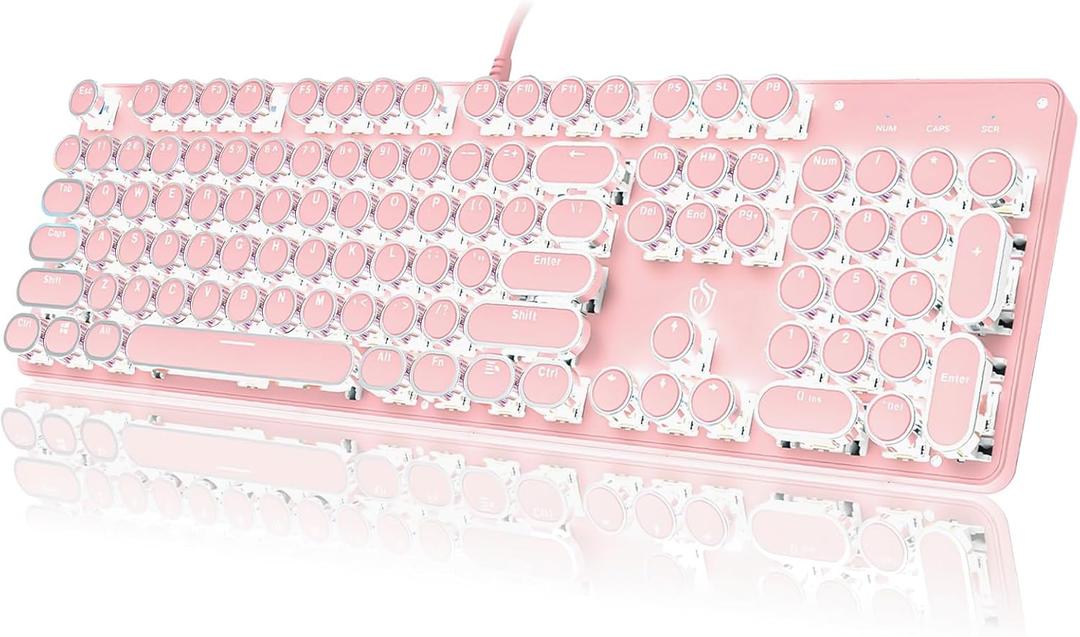 Typewriter Style Mechanical Gaming Keyboard LED Backlit Wired with Blue Switch Retro Round Keycap 104 Keys Keyboard (Pink 104Keys LED)