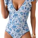 Women's One Piece Ruffle Swimsuit Tummy Control Bathing Suit V Neck Shell Stitched Swim Suit Slimming Swimwear (Medium, Blue Print)