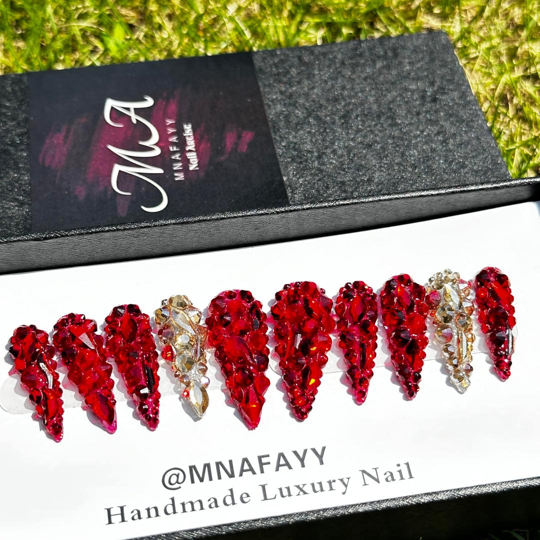 MNAFAYY Luxury Gems 100% Handmade Nails Long Stiletto Press On Nails Full Cover 3D Rhinestone Crystal Gorgeous Reusable UV Finished Fake False Nails Acrylic Nail Kit With Box Gifts for Women Red