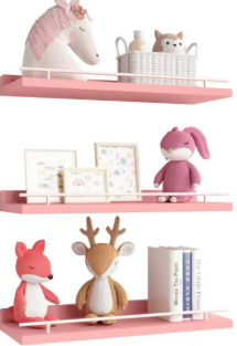 WOPITUES Floating Shelves with Metal Guardrail, Shelves for Wall Decor Set of 3, Wall Shelves for Bedroom, Bathroom, Kitchen, Living Room, Plants, Picture Frames, Art-Pink