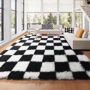KICMOR 8x10 Area Rugs for Living Room, Large Fluffy Checkered Rug for Bedroom, Soft Plush Black and White Big Fuzzy Shag Shaggy Carpets for Kids Boys Girls Teen Dorm Nursery Home Decor Aesthetic