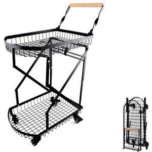 2-Tier Collapsible Utility Cart with Wheels, 110lbs Foldable Grocery Shopping Cart on Wheels,Heavy Duty Multi Function Folding Utility Cart for Camping, Kitchen, Bathroom, Office, 36Cm X 19Cm X 56Cm