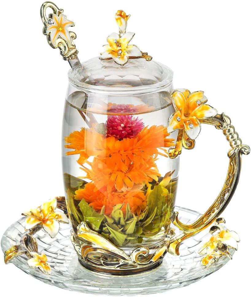 Tea Mugs for Women Glass Tea Cup with Lid Spoon Saucer Lily Flower Coffee Mug Unique Mothers Day Gift Christmas Gift(12oz Yellow)