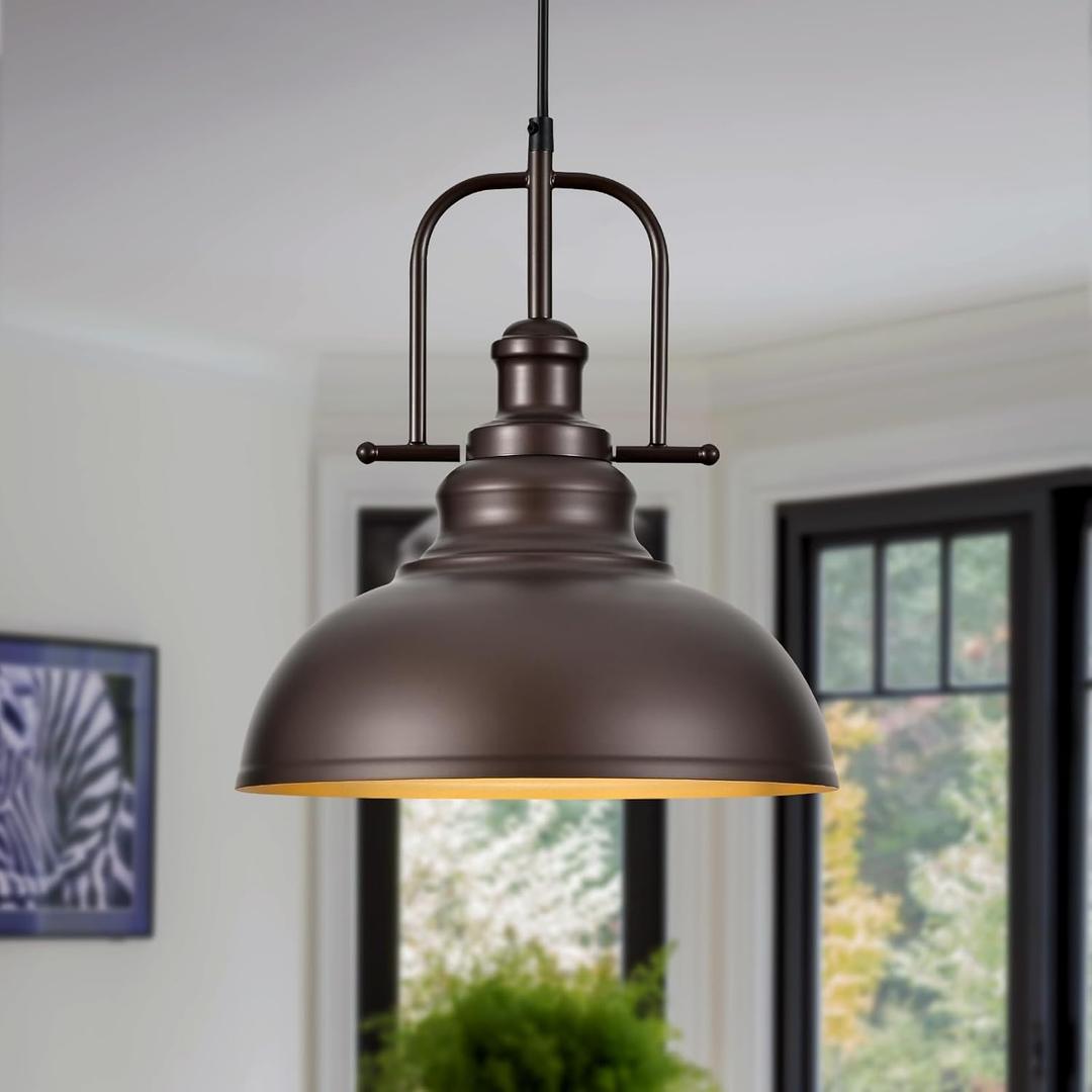 TAKEGO 11.8 Farmhouse Pendant Lights Kitchen Island, Oil Rubbed Bronze Rustic Pendant Light Fixture, Vintage Dome Pendant Light, Industrial Hanging Ceiling Lamp for Dining Room, Hallway