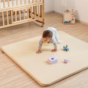 Uniency Vegan Leather Baby Play Mat for Floor, 50x50 Thick Foam Soft Padded Playpen Mat with Wipe-Clean and Waterproof Removable Cover for Babies and Toddlers Infants (Beige)