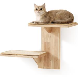 FUKUMARU Cat Wall Shelves, 2 Platform Kitten Wall Furniture, Tree Shape Wall-Mounted Floating Shelf with Sisal Mat, Solid Rubber Wood Cats Perch for 16 Inch Drywall, Suitable for Climb, Play, Nap