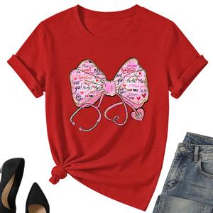 Valentines Nurse Shirt for Women-Valentines Day Bow Short Sleeves Funny Nursing School Tee Tops (Red, XXL)