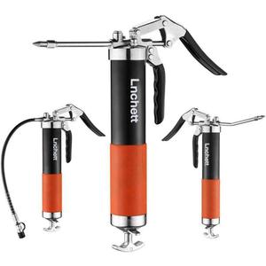 Grease Gun with Quick Release Coupler and Towel, 9000 PSI Professional Heavy Duty 14 oz Grease Gun with 18 Inch Spring Flex Hose, 1 Reinforced Coupler, 2 Extension Rigid Pipe and1 Sharp Nozzle