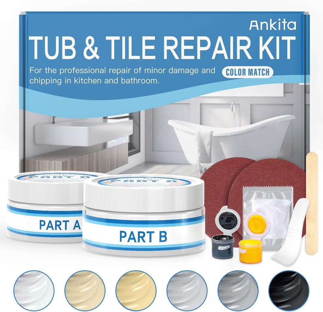 Fiberglass Tub Repair Kit (Color Match), 3.7oz Fiberglass Shower, Porcelain Sink and Acrylic Bathtub Repair Kit, Quick to Fix Cracks, Chips, Dents, Holes on Bath Tub & Toilet, Almond/Biscuit/Bone