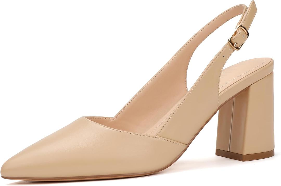 IDIFU Nude Slingback Heels for Women Closed Pointed Toe Chunky Low Heel Dress Pumps Comfort Bridal Wedding Party Prom Work Office Business Pumps Shoes (Nude Pu, 8.5)