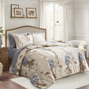 Joyreap 7 Piece Bed in a Bag King, Elegant Flower Botanical Smooth Soft Microfiber Floral Comforter Set for All Season (1 Comforter, 2 Pillow Shams, 1 Flat Sheet, 1 Fitted Sheet, 2 Pillowcases)