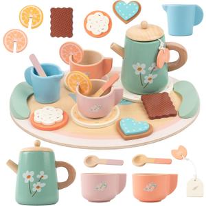 Tea Party Set for Little Girls, Wooden Kids Tea Set with Teapot Cups Coasters Carrying Dessert, Picnic Outdoor Toys Pretend Play Kitchen Accessories for 3 4 5 Years Old