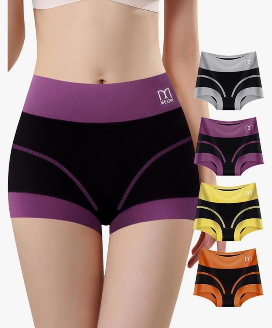 Boy Shorts Underwear for Women - High Waisted Cotton Boxers Briefs Sleep Stretch Panties 4 Pack, M