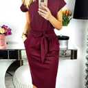 PRETTYGARDEN Women's Summer Short Sleeve Crewneck Striped Dress Basic Solid Tie Waist Office T Shirt Dresses Pockets (Red, M)