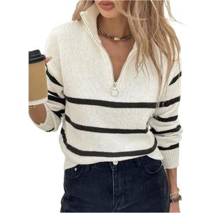 Milumia Women's Striped Half Zip Pullover Sweater Mock Neck Long Sleeve Ribbed Knit Pullover Tops