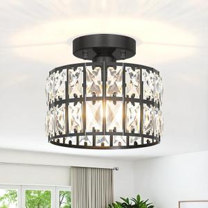 Lxybcce Crystal Ceiling Light Fixture, Modern Matte Black Crystal Chandelier, Small Semi Flush Mount Ceiling Lighting, Round Hallway Lighting for Kitchen Entryway Bedroom Bathroom, 1-Light, 9 Inch