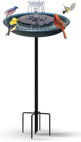 Bird Bath with Solar Fountain, Durable 5-Prong Base Solar Bird Bath with Stable Metal Stake, Detachable Solar Powered Bird Baths for Garden Outdoor Yard Lawn, Spotted Green