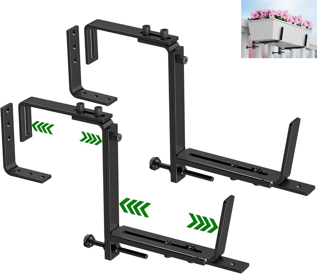 HFHOME 2PCS Adjustable Planter Box Brackets, Brackets for Window Boxes Planters Hanging Flower Box Holders, Heavy Duty Wall Mount Holder for Windowsills, Garden, Fences, and Balcony - Black